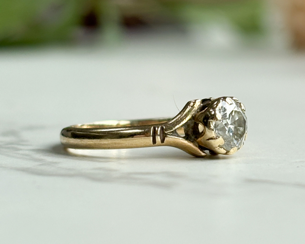 vintage diamond solitaire in 9ct yellow gold for sale in Leeds, showing side of the ring