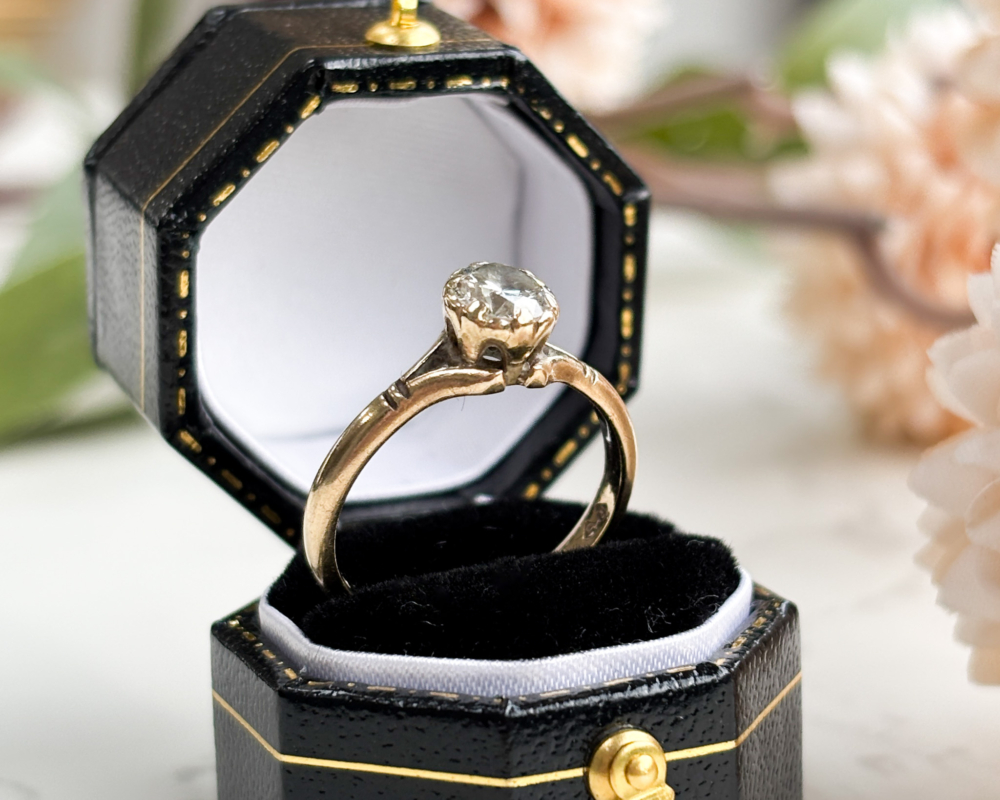 vintage diamond solitaire in 9ct yellow gold for sale in Leeds, shown in a black box