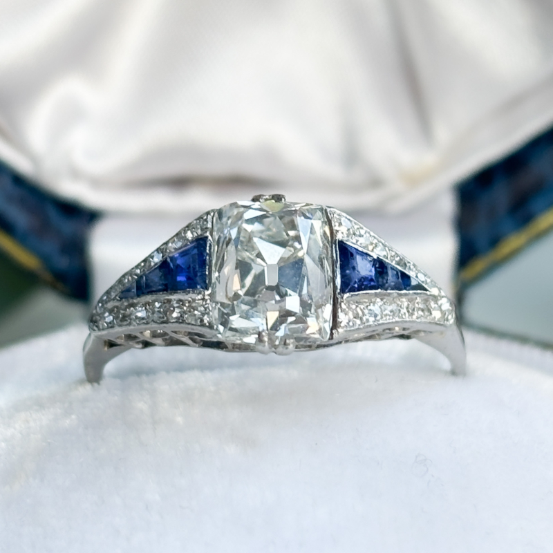 antique Art Deco old mine cut diamond ring with calibre cut sapphires. 2.4ct centre stone, for sale in Leeds, UK