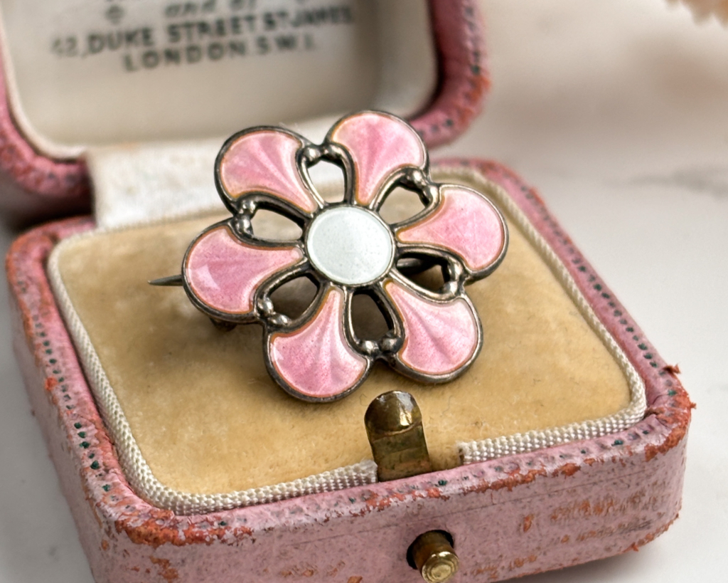 mid century pink enamel silver Scandinavian floral brooch for sale