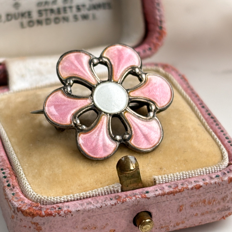 mid century pink enamel silver Scandinavian floral brooch for sale
