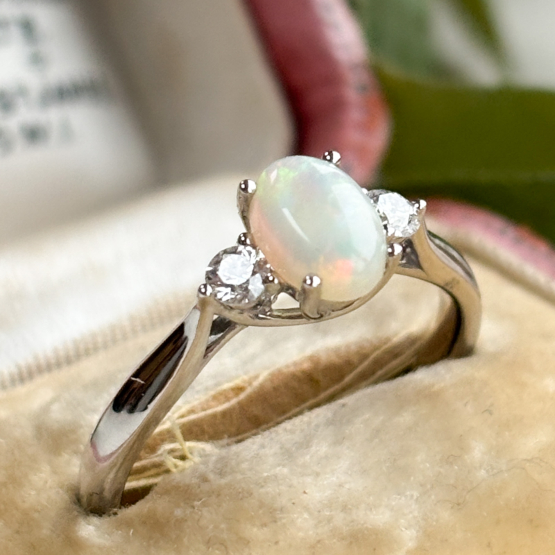 modern, Art Deco style opal and diamond three stone ring for sale in 9ct white gold
