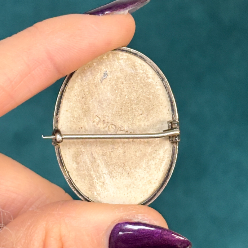 Arts and Crafts silver and ceramic Ruskin brooch for sale in Leeds, showing reverse