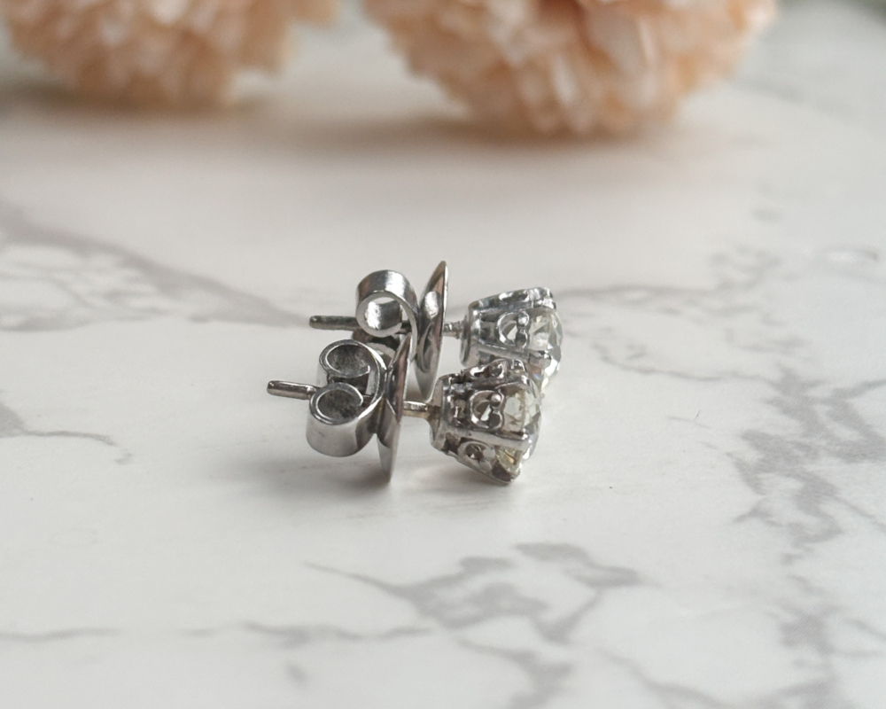 antique Edwardian 2ct diamond stud earrings for sale in Leeds, Uk, showing side of earrings