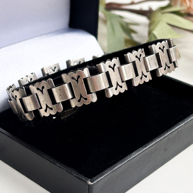 antique Victorian silver bracelet for sale, in black box