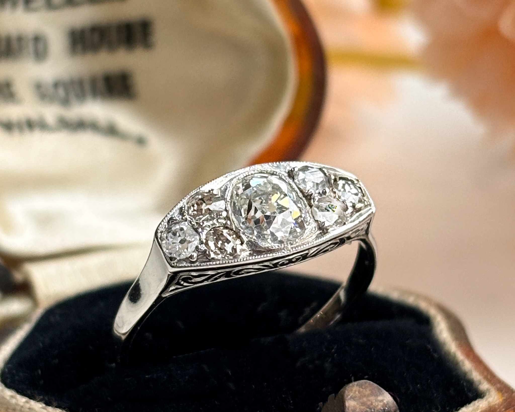 antique Art Deco diamond boat ring 1ct old cut diamonds in platinum. for sale in Leeds. Shown in an antique brown ring box