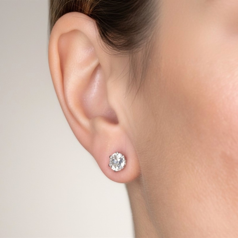 antique 2ct old cut diamond studs for sale in Leeds in model's ear