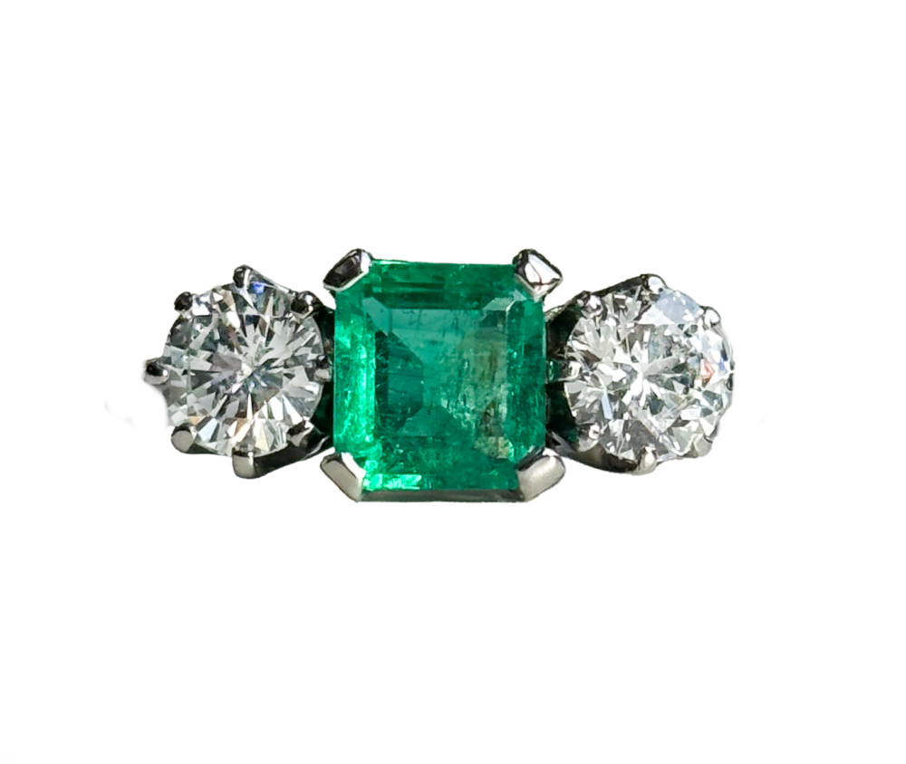 emerald 3 stone antique Art Deco emerald and diamond three stone ring for sale in Leeds