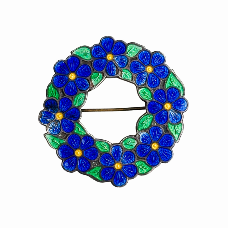 vintage silver and enamel floral garland wreath brooch in green and blue. Hallmarks for 1946. For sale in Leeds