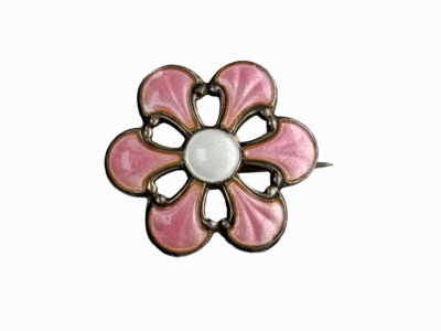mid century pink enamel silver Scandinavian floral brooch for sale