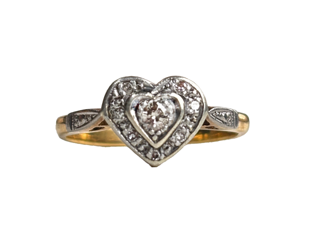 1940S diamond heart ring in 18ct yellow gold and platinum for sale in Leeds