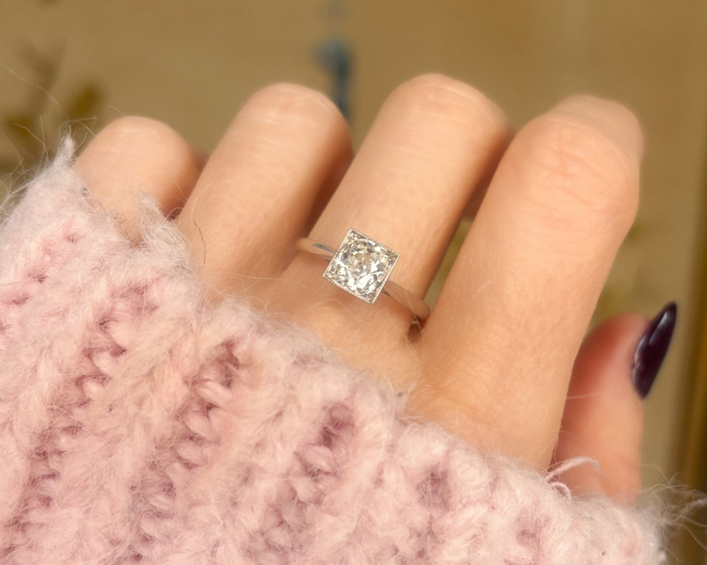 antique Art Deco old cut diamond solitaire ring 0.95ct for sale in Leeds, shown on a woman's hand