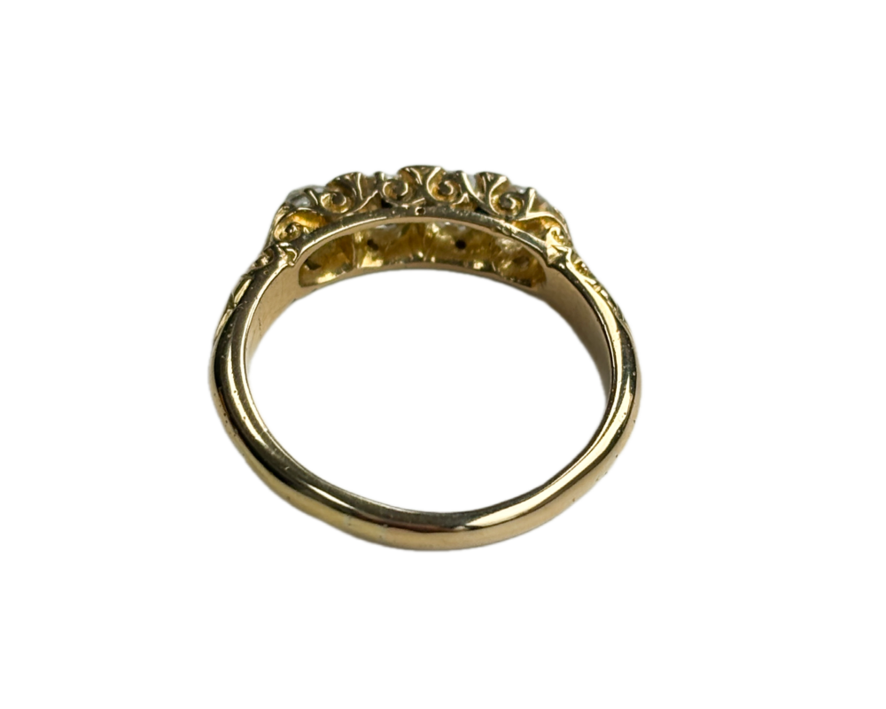 antique Victorian four stone diamond in 18ct yellow gold. Hallmarks for London 1901. Showing back view