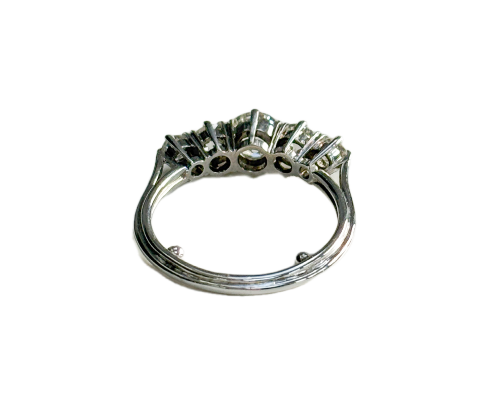 antique Edwardian diamond five stone ring in 18ct white gold 1.72ct with certificate for sale in Leeds, showing underside of the ring
