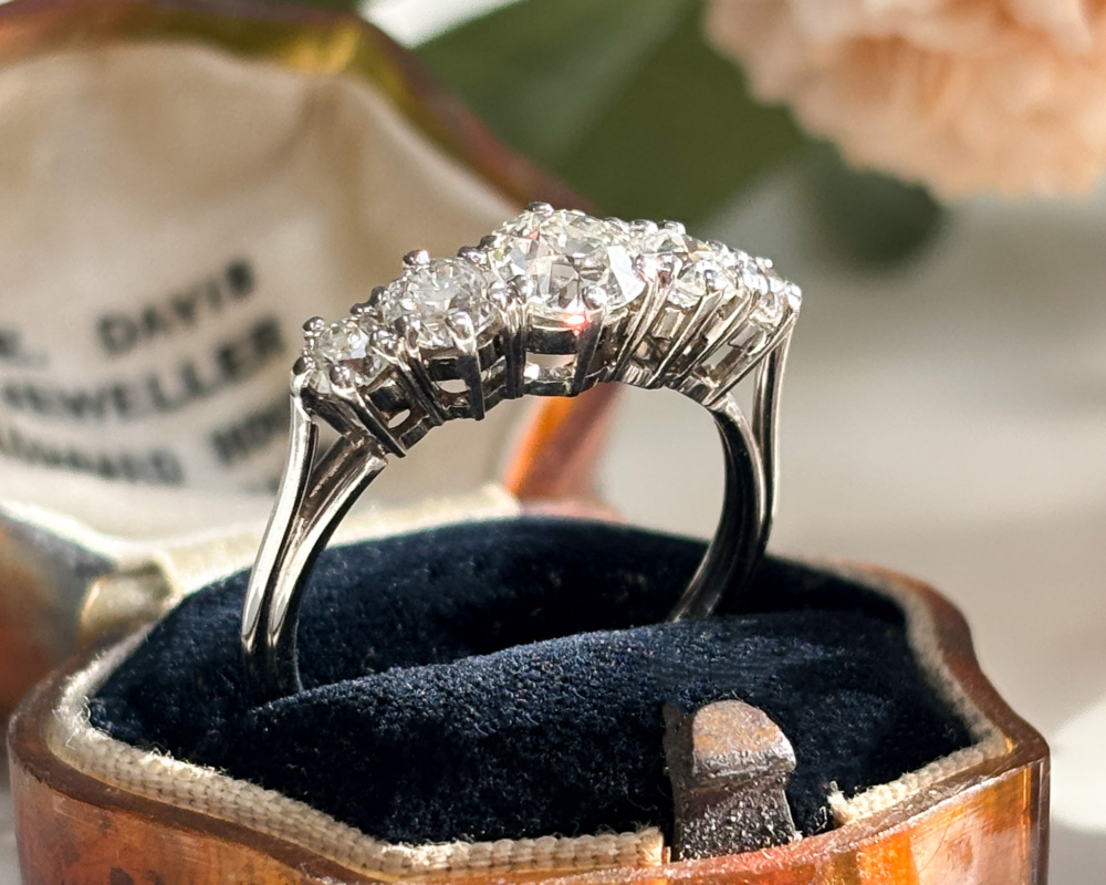 antique Edwardian diamond five stone ring in 18ct white gold 1.72ct with certificate for sale in Leeds