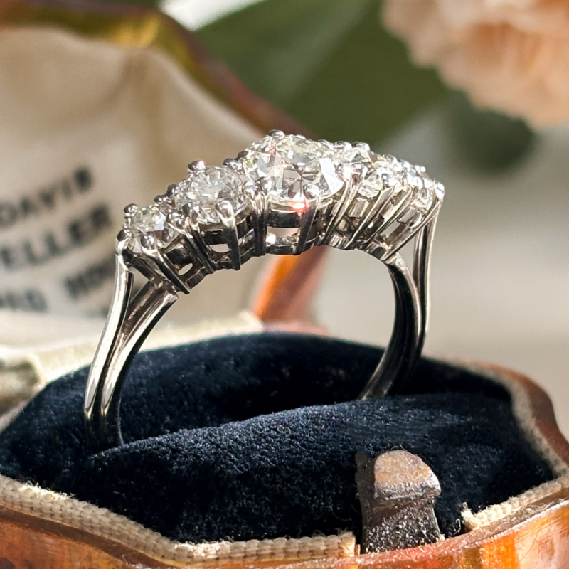 antique Edwardian diamond five stone ring in 18ct white gold 1.72ct with certificate for sale in Leeds