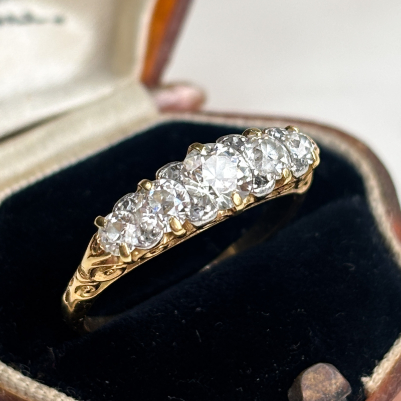 antique Edwardian five stone diamond ring in 18ct yellow gold, approx 1ct. For sale in Leeds, UK