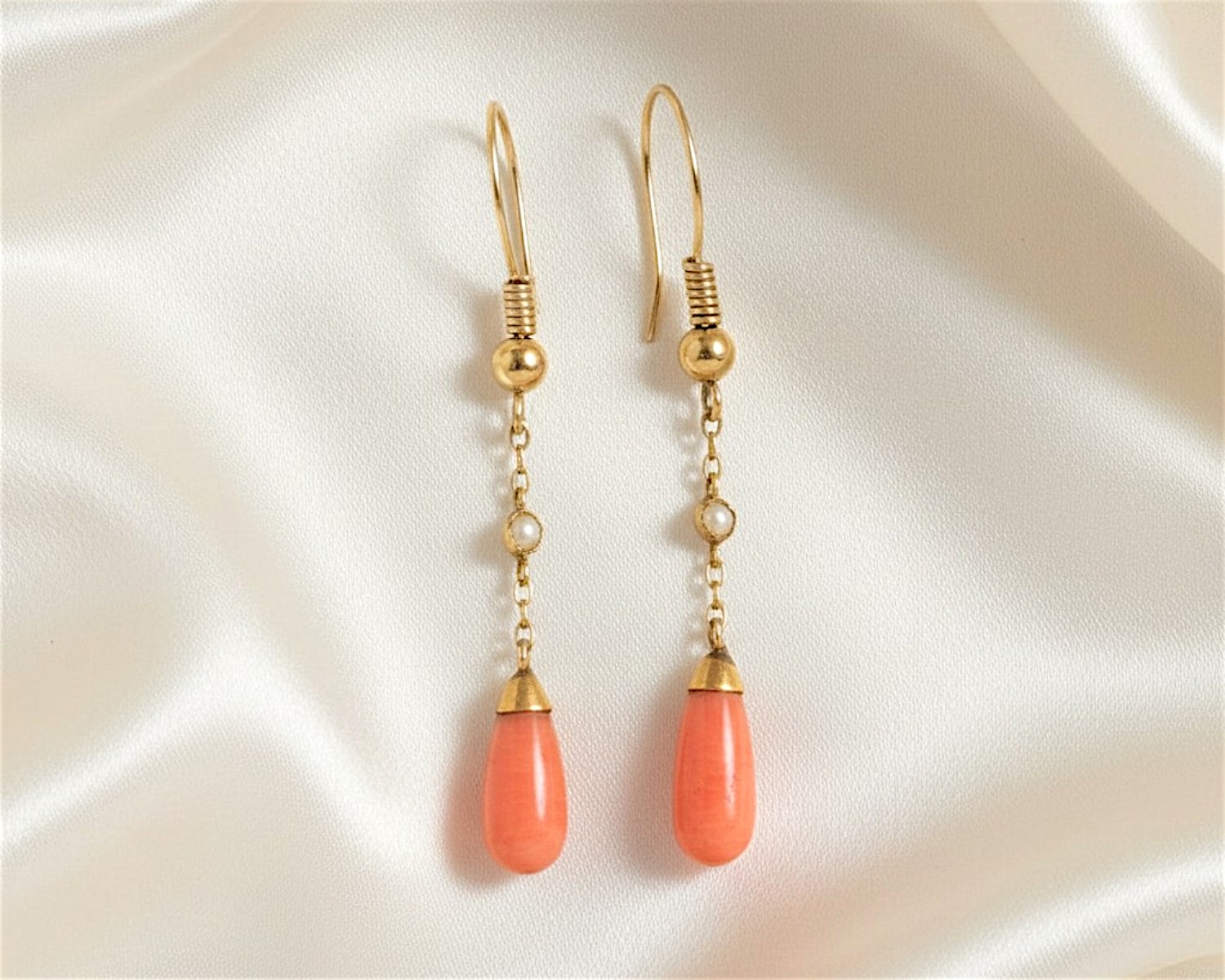 antique Edwardian coral and seed pearl earrings in 9ct gold for sale in Leeds