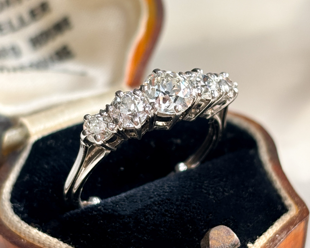 antique Edwardian diamond five stone ring in 18ct white gold 1.72ct with certificate for sale in Leeds