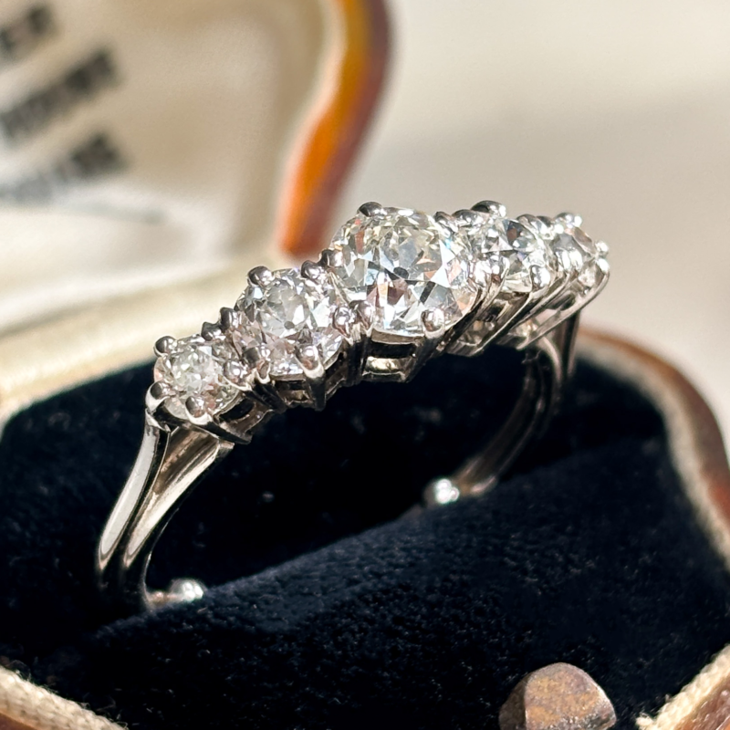 antique Edwardian diamond five stone ring in 18ct white gold 1.72ct with certificate for sale in Leeds