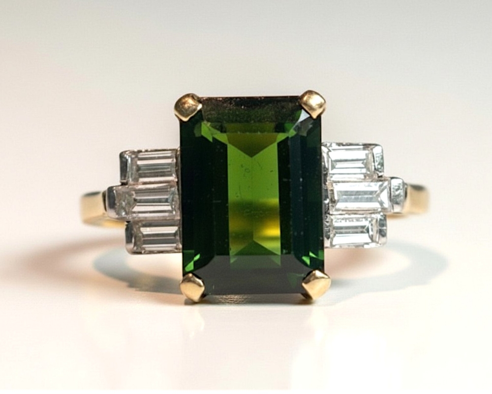 green tourmaline art deco ring antique Art Deco green tourmaline and baguette diamond ring in 18ct yellow gold and platinum for sale in Leeds