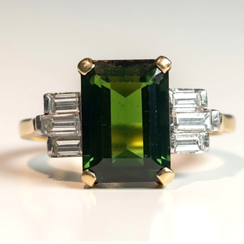 antique Art Deco green tourmaline and baguette diamond ring in 18ct yellow gold and platinum for sale in Leeds