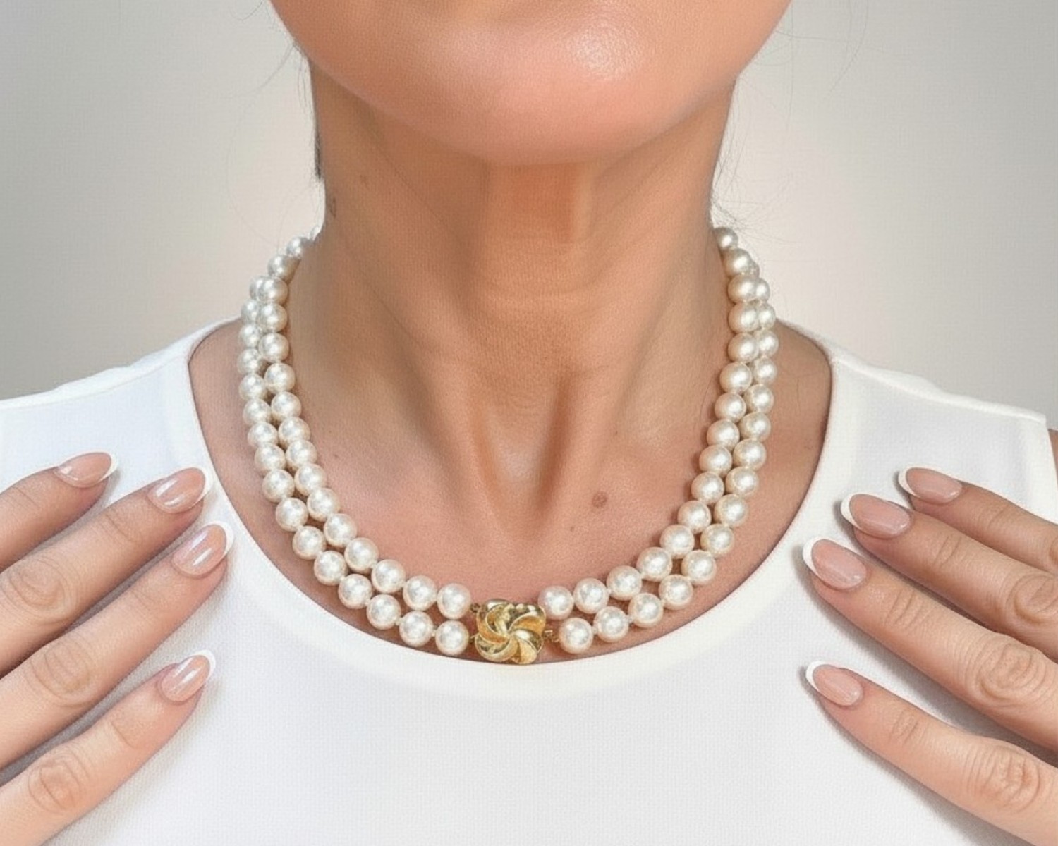 vintage double strand of pearls circa 1960 with 9ct gold clasp, shown on models neck
