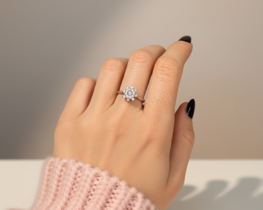 vintage 18ct white gold diamond cluster ring for sale in Leeds on woman's hand