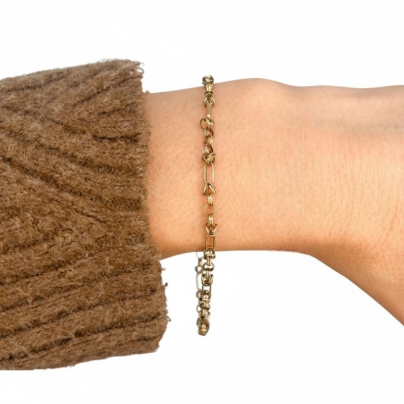 vintage 9ct gold fancy link bracelet for sale in leeds, shown on hand