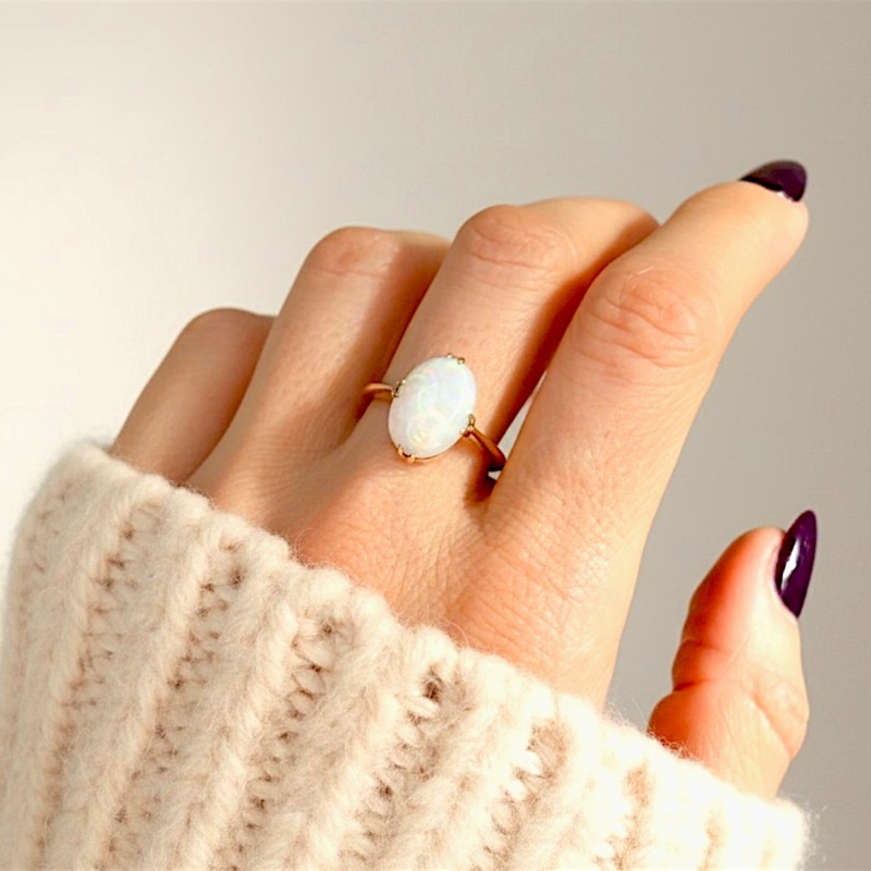 vintage opal ring in 9ct gold for sale in Leeds, shown on hand