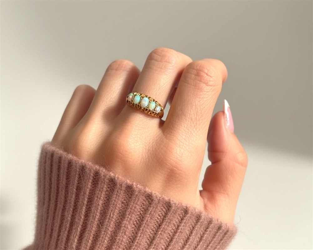 antique Edwardian opal five stone ring in 18ct gold dated 1903 on hand