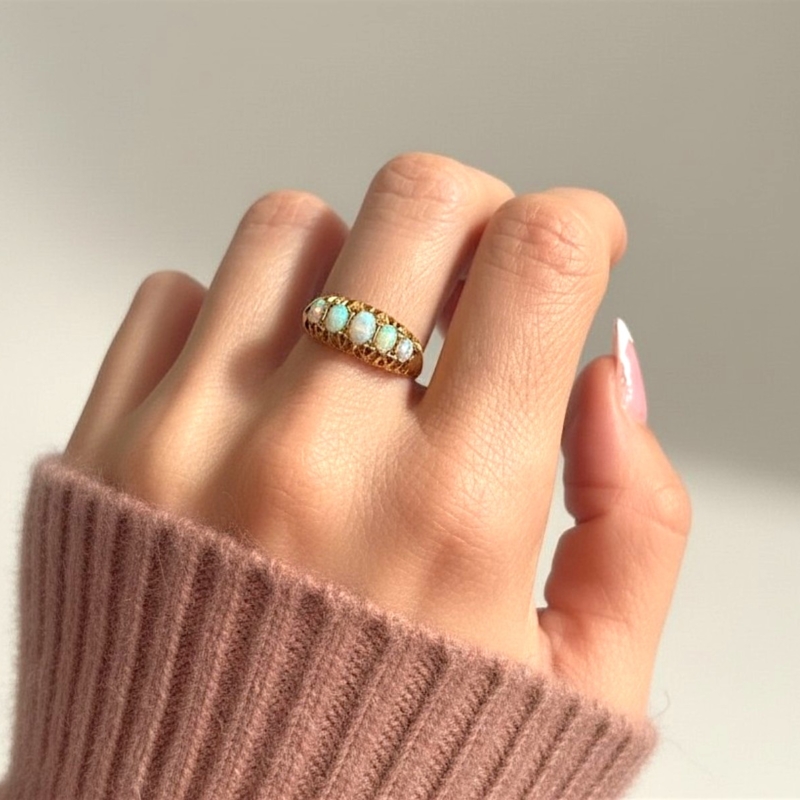 antique Edwardian opal five stone ring in 18ct gold dated 1903 on hand