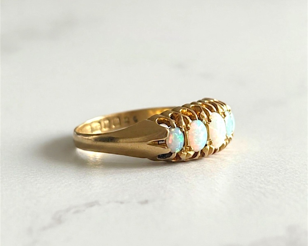 antique Edwardian opal five stone ring in 18ct gold dated 1903 side profile