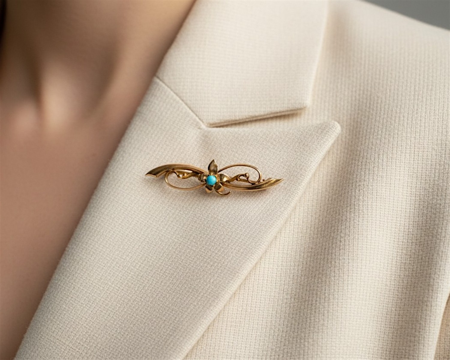 antique turquoise brooch on model