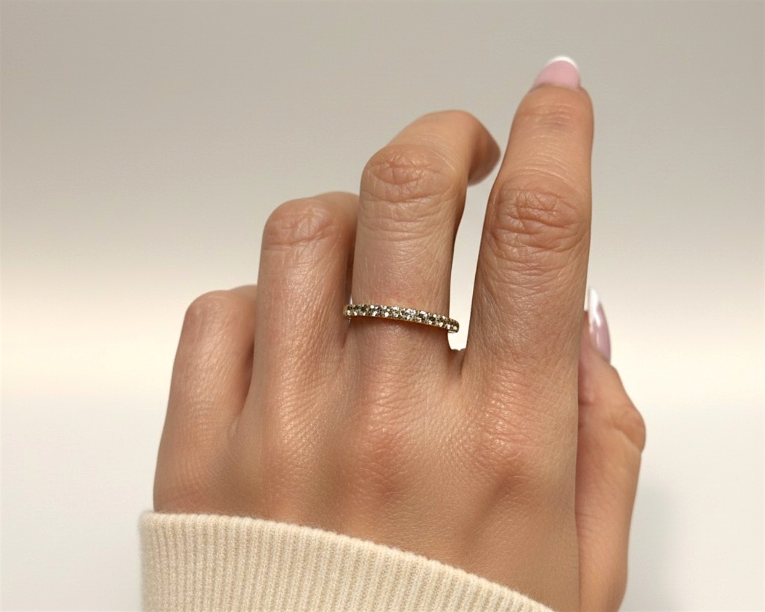 aquamarine stacking ring on finger