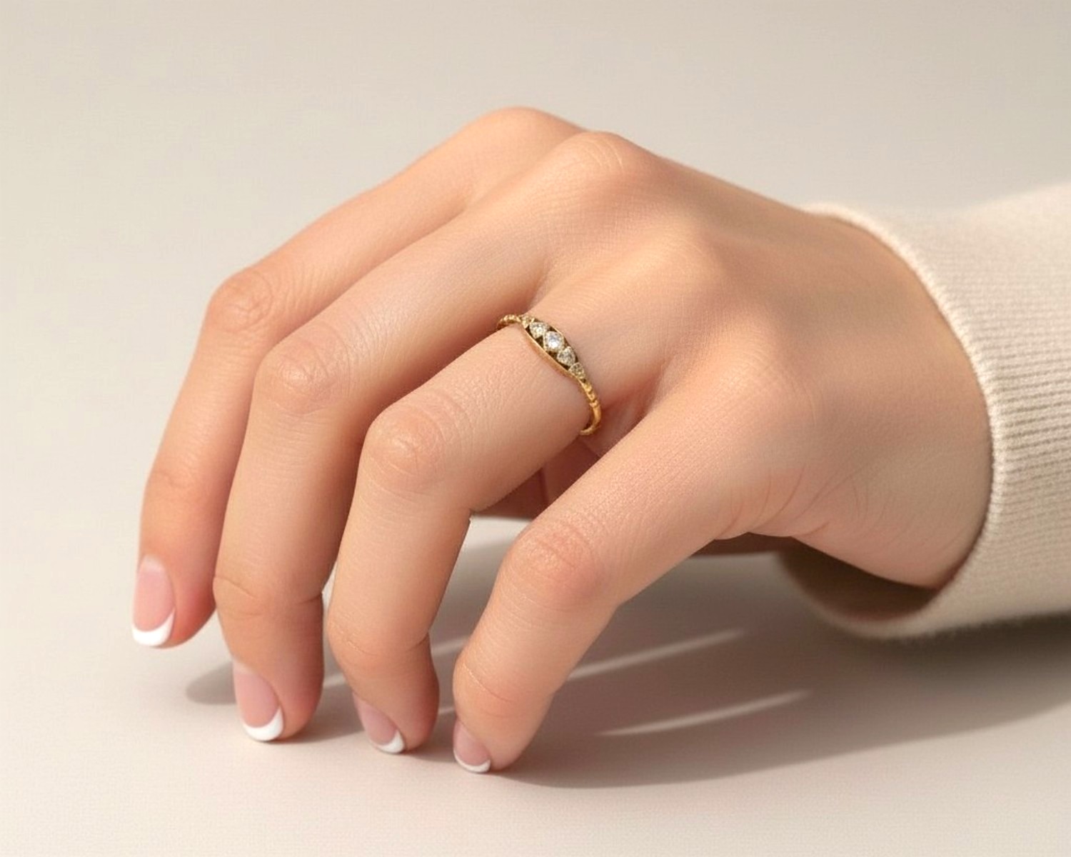 art deco five stone ring on model