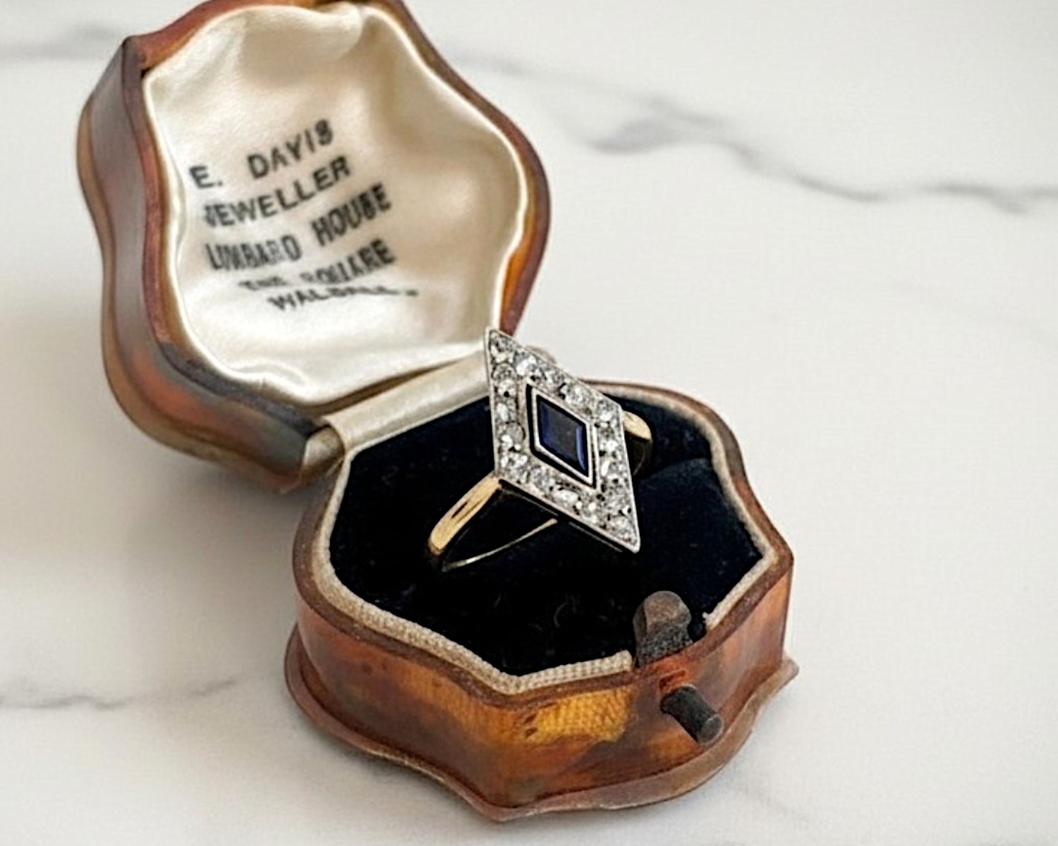 art deco sapphire marquise ring in box
