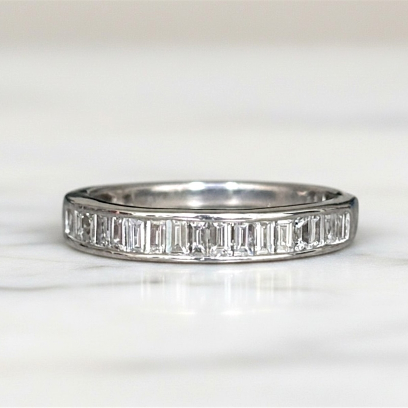 pre-owned baguette diamond half eternity ring in 18ct white gold for sale in Leeds