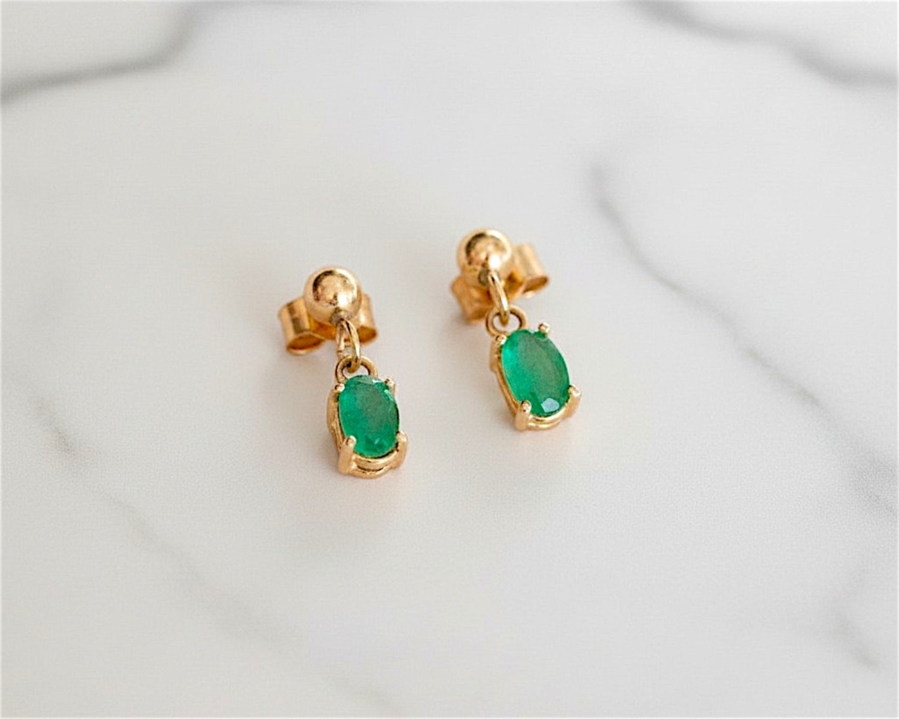 modern emerald drop earrings in 9ct gold for sale in Leeds, UK
