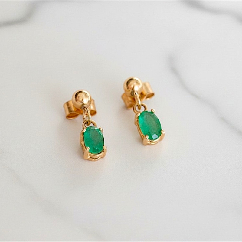 modern emerald drop earrings in 9ct gold for sale in Leeds, UK