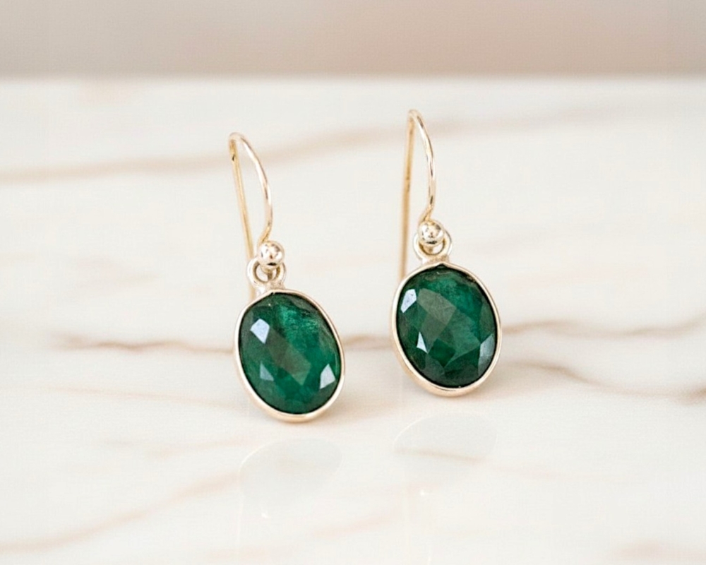 silver and emerald oval drop earrings with ear wire for sale in Leeds, UK