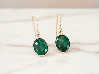 silver and emerald oval drop earrings with ear wire for sale in Leeds, UK