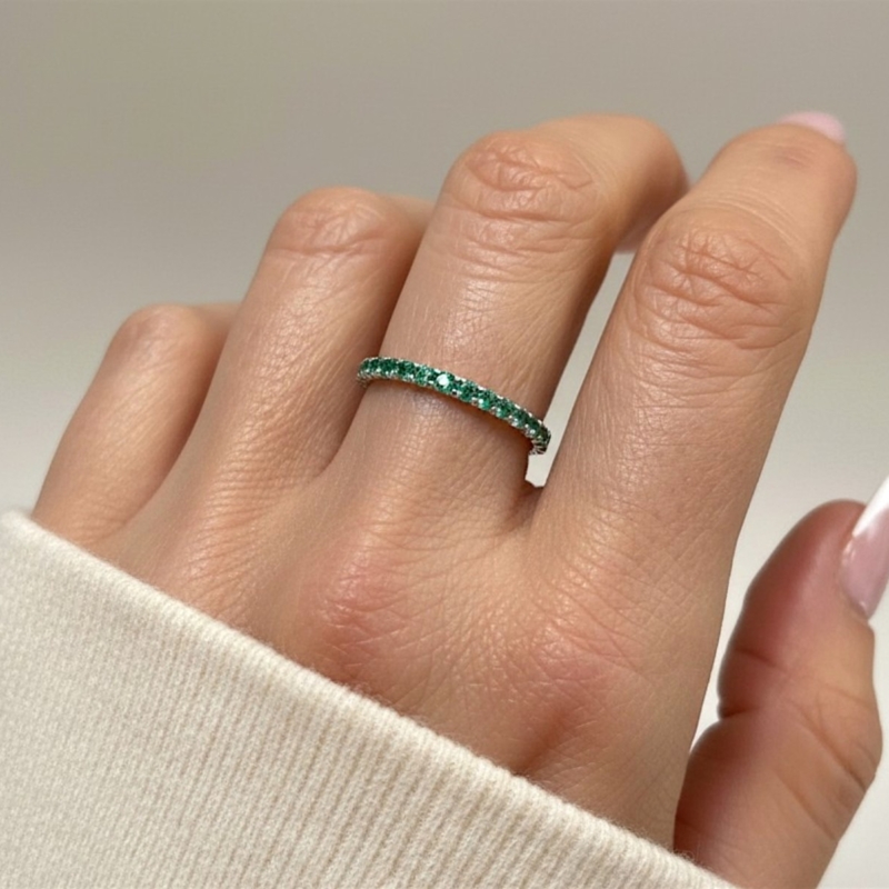 contemporary 9ct white gold and emerald stacking ring for sale in Leeds on hand