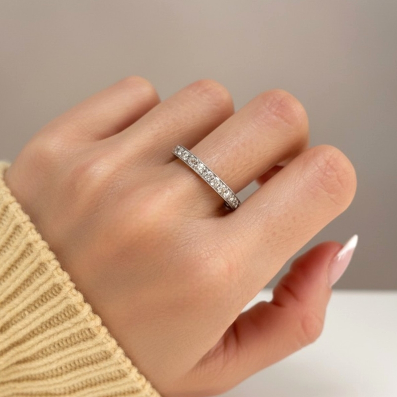 antique Art Deco diamond full eternity ring 1.4ct old cut diamonds in platinum for sale in Leeds, UK, shown on model's hand