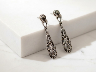 vintage style silver and marcasite drop earrings for pierced ears for sale in Leeds