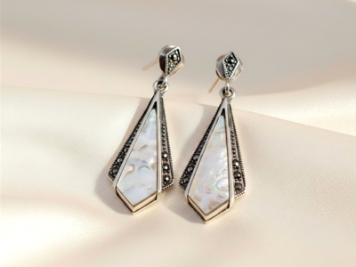 art deco style silver, mother of pearl and marcasite drop earrings for sale in Leeds