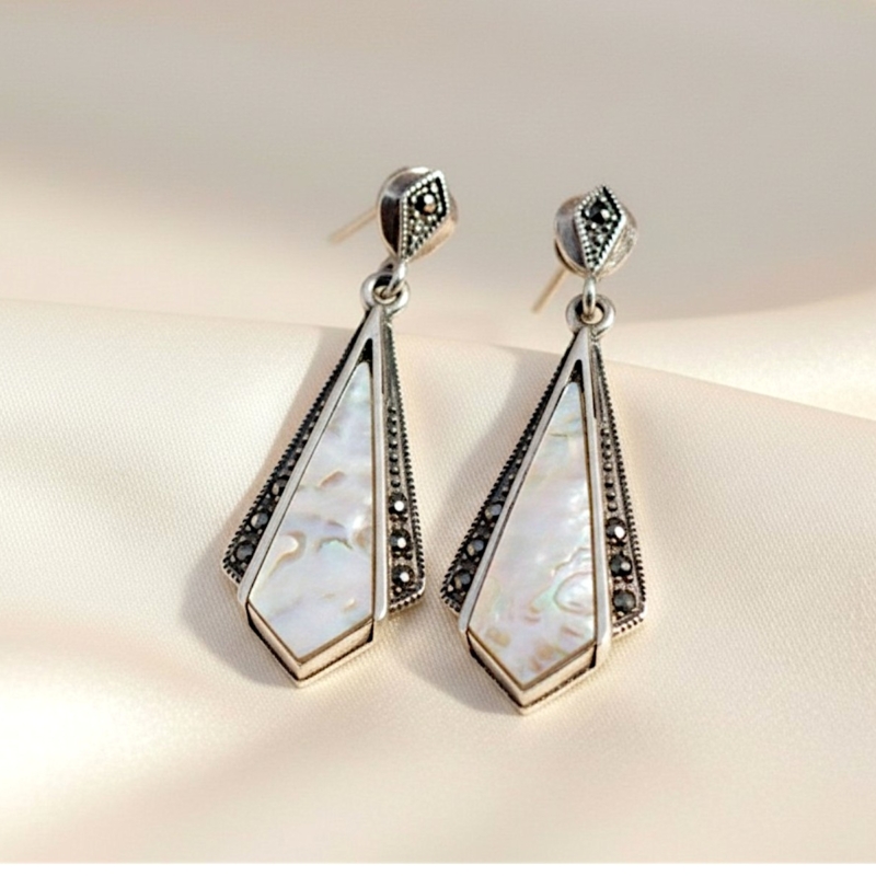 art deco style silver, mother of pearl and marcasite drop earrings for sale in Leeds