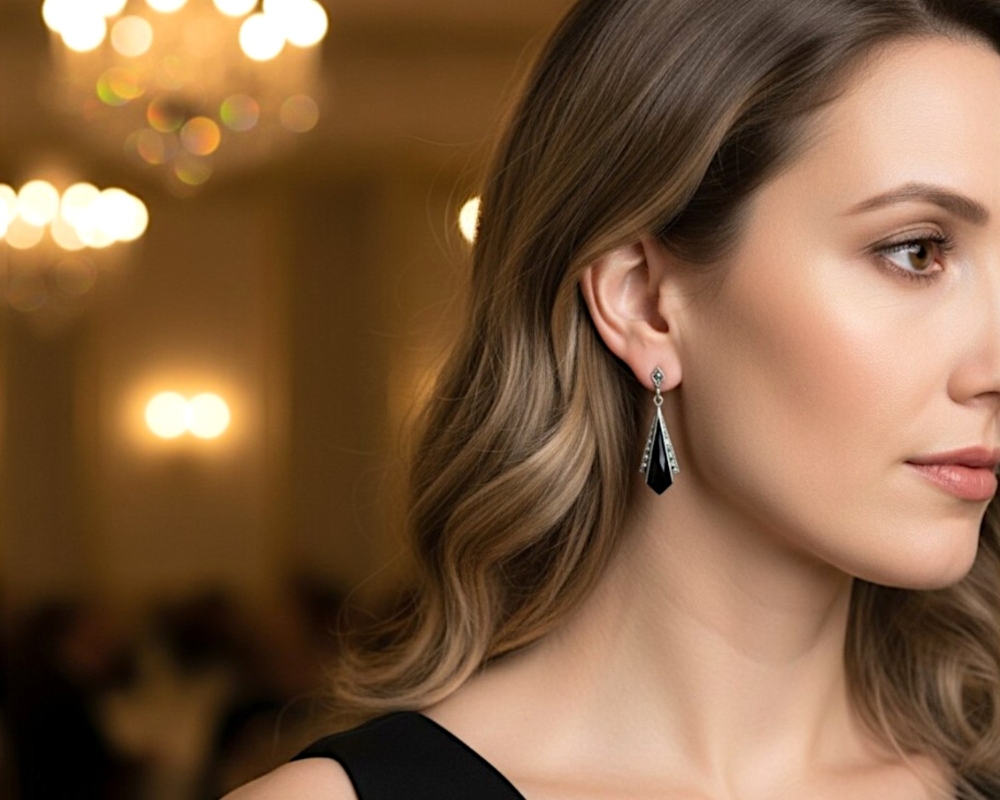 art deco style onyx earrings on a model's ear