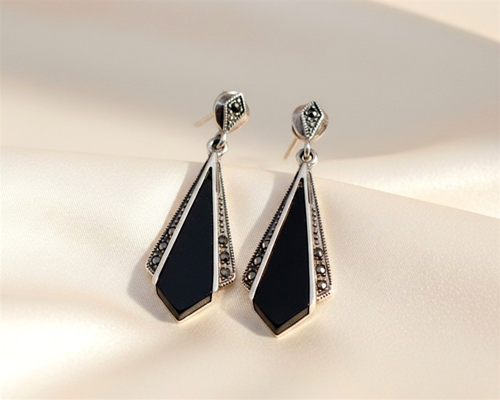 onyx earrings on silk art deco style silver, onyx and marcasite drop earrings for sale in Leeds