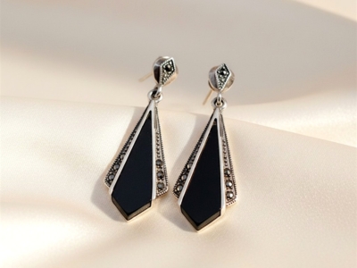art deco style silver, onyx and marcasite drop earrings for sale in Leeds